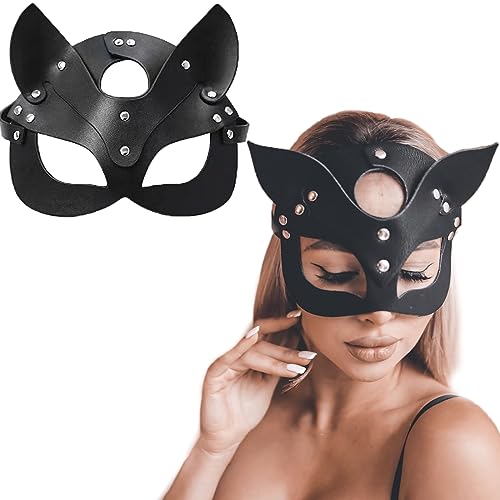 BOOSHMall Catwoman Maske, Katze Maske Damen, Halbgesicht Katze Leder, Schwarze Leder Catwoman Maske, Cosplay Maske für Halloween Party, Maskerade Fasching Karneval von BOOSHMall