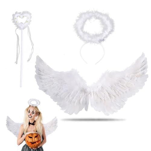 BOOSHMall Engel Kostüm, Engel Flügel Kinder, Federflügel Engel, 3 Stück Engelsflügel Deko mit Heiligenschein und Zauberstab, Für Kinder Halloween Karneval Kostüm Cosplay Party Outfit, Weiß Mittlere von BOOSHMall