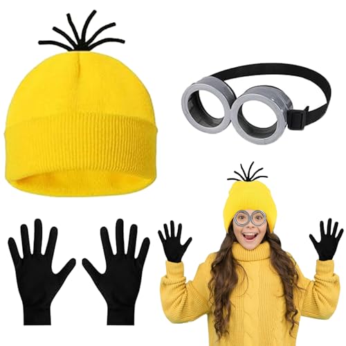 BOOSHMall Erwachsene Kostüm Zubehör für Karneval Halloween Cosplay, 3-teiliges Set (Brille, Gelbe Beanie-Mütze, Schwarze Handschuhe) von BOOSHMall