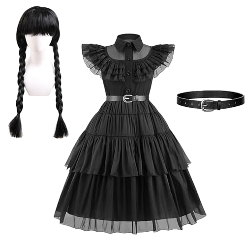 BOOSHMall Gothic Kostüm Kinder Set, 5 Stück Schwarzer Kleid mit Perücke Gürtel und Socken Lange Mittelalterkleid Kostüm für Mädchen Karneval Kostüm Cosplay Halloween Party, 130 von BOOSHMall