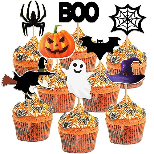 BOOSHMall Halloween Cupcake Topper, 48 Stück Halloween Muffin Deko, Halloween Kuchen Deko, Halloween Kuchen Flaggen, für Halloween Party von BOOSHMall