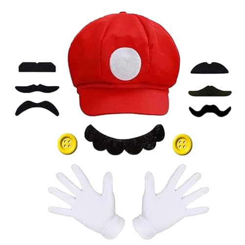 BOOSHMall Rot Mütze, Karneval Kostüm Zubehör, Cosplay-Kostüme Für Kinder, Rot Kostüm mit Kappen Schnurrbärte Weißen Handschuhe Knöpfe, für Fasching Karneval Halloween Mottoparty Kostüm, Rot von BOOSHMall