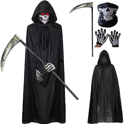 BOOSHMall Sensenmann Kostüm, Halloween Sensenmann Kostüm Herren, Halloween Tod Kostüm mit Scythe, Umhang, Schädelmaske, Handschuhe 4-Teiliges Set für Erwachsene Halloween Dekoration Cosplay Karneval von BOOSHMall