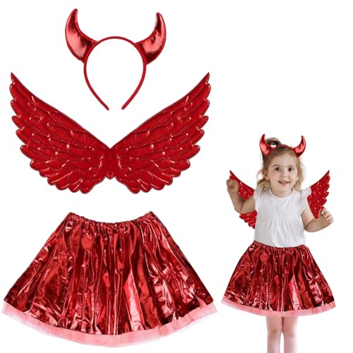 BOOSHMall Teufel Kostüm Kinder, Halloween kostüm kind, Halloween Teufel Flügel Kinderkostüm Set, Halloween Kostüm mit Rote Flügel Tutu mit Teufelsohren Stirnband für Halloween Karneval Cosplay Party von BOOSHMall