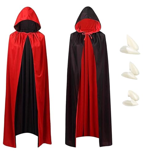 BOOSHMall Vampir Umhang Halloween Unisex Kapuzenumhang Schwarz Rot Doppelseitig Mit Dentures, Für Erwachsener Kinder Halloween Kostüm, 140CM von BOOSHMall