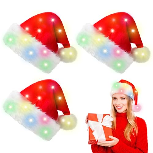 BORDEAG 3 Stück LED Weihnachtsmütze, Leuchtende Nikolausmütze Unisex, Nikolausmütze mit Leuchtendem Warme Verdickte Rote Mützen für Weihnachten Neujahr, Weihnachtskostüm-Requisiten, Neujahrsgeschenk von BORDEAG