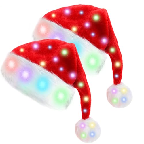 LED Plüsch-Weihnachtsmütze, 2 Stück Weihnachtsmütze Nikolausmütze, Plüsche Weihnachtsmann Mütze Mit Leuchtendem, Weihnachtsmann Hut Unisex, Weihnachten Mützen Rote Für Weihnachten, Neujahrsgeschenk von BORDEAG