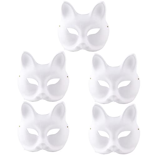 BORDSTRACT 5-teilige weiße Maske für Erwachsene, bemalbare Masken, blanko, Tier-Verkleidung für Maskerade, Halloween, Cosplay, Kostüm, Katzen-Halbgesichtsmasken, Party-Zubehör (cat face) von BORDSTRACT