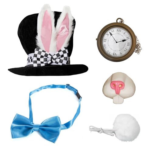 BORFUE 5pcs Ostern Hasenhut Set Ostern Tag Hasenohren Hut Kaninchen Nase Schwanz Uhr Blau Fliege für Karneval Ostern Halloween Cosplay Zauberer von BORFUE