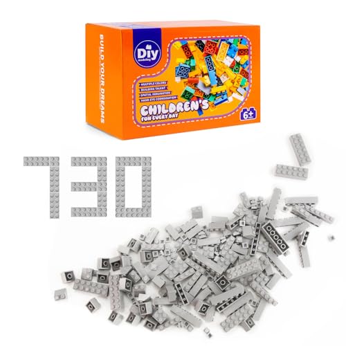 BOROLA Klassisches Bausteine-Set, 11 kreative Formen, kompatibel mit den meisten großen Marken, stapelbares Kinder-Puzzle-Spiel, inklusive bunter Box, perfekt für Kinder ab 6 Jahren (730 Stück, Grau) von BOROLA