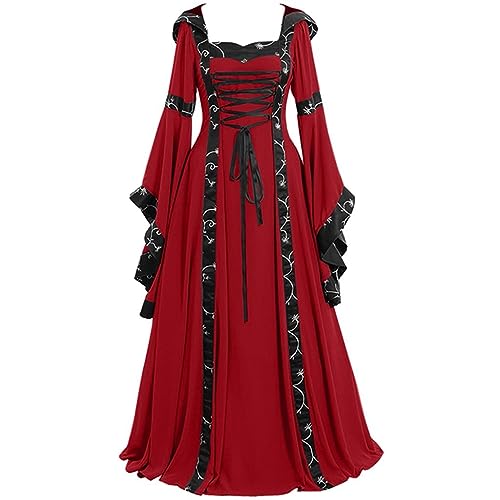 BOTCAM Mittelalter kleidung Damen Große Größen Schwarz: Maxikleid Gothic Kleid Retro Halloween Kleid Partykleid Gothic Punk Cosplay Karnevalskleid Hexenkleid Damenkostüm Abendkleid S-5XL von BOTCAM