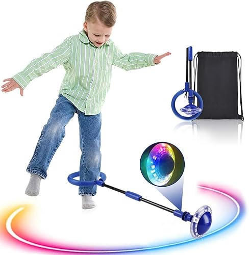 BOTOING Springring Fußkreisel Kinder, Swing Wheel mit Lichtrad, Swing Wheel Kinder, Faltbarer Springender Ball Blinkender, Geeignet für Geschenk Kinder 6 ab 10 Jahre (Blue - with Backpack) von BOTOING