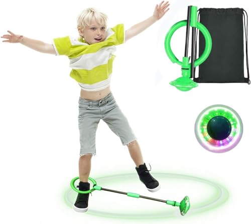 BOTOING Springring Fußkreisel Kinder, Swing Wheel mit Lichtrad, Swing Wheel Kinder, Faltbarer Springender Ball Blinkender, Geeignet für Geschenk Kinder 6 ab 10 Jahre (Green-with Backpack) von BOTOING