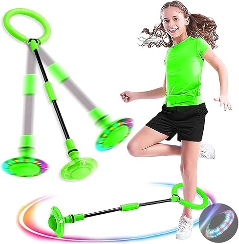 Springring Fußkreisel Kinder, Swing Wheel mit Lichtrad, Swing Wheel Kinder, Faltbarer Springender Ball Blinkender, Geeignet für Geschenk Kinder 6 ab 10 Jahre (Green - without organiser backpack) von BOTOING