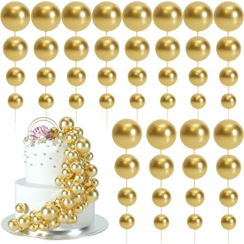 BOUBONI 48 Stück Tortendeko Kugeln Cake Topper Kuchen Kugeln Dekorationen Ballon Cupcake Tortenaufleger für Geburtstag Party Hochzeit Babyparty Kuchendekoration (Gold) von BOUBONI