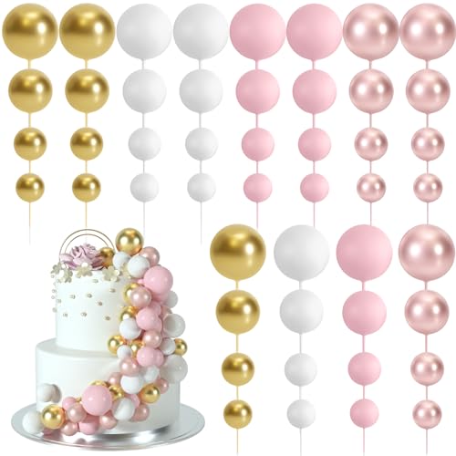 BOUBONI 48 Stück Tortendeko Kugeln Cake Topper Kuchen Kugeln Dekorationen Ballon Cupcake Tortenaufleger für Geburtstag Party Hochzeit Babyparty Kuchendekoration (Roségold, Rosa, Weiß, Gold) von BOUBONI