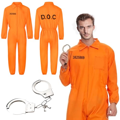 BOUFEIDA Häftling Kostüm, Gefängnis Kostüm, Orange Prison Jumpsuit Herren Damen, Sträfling Kostüm mit Handschellen, für Karneval, Fasching & Halloween (L) von BOUFEIDA