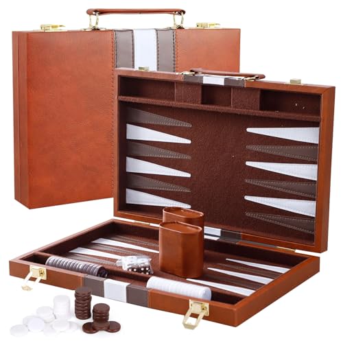 BOUFEIDA Backgammon Set, 15 Zoll 2 Spieler Klassisches Backgammon, mit Hochwertiger Ledertasche Tragbares und Reise-Backgammon-Set für Erwachsene Kinder von BOUFEIDA