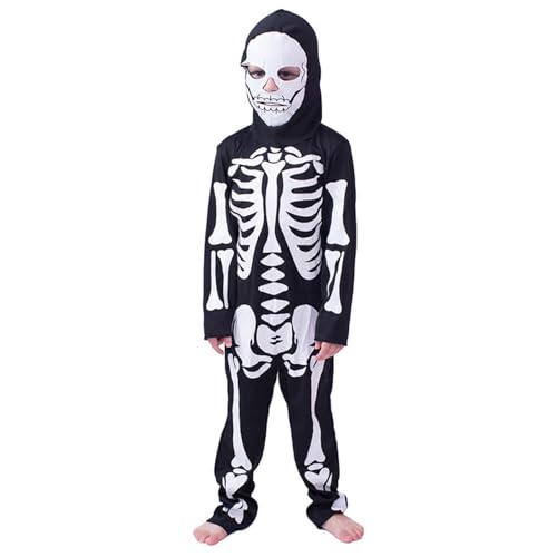 BOVOSHA Halloween Kostüm Kinder Jungen ein Stück Skelett Kostüme Mädchen Schädel mit Kapuze Bodysuit mit Halloween Maske Set für Cosplay Party (Black, 10-11 Years) von BOVOSHA