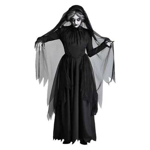 BOVOSHA Halloween Kostüm Kinder Mädchen Geist Braut Langarm Kleider + Hut + Schleier Set für Cosplay Party Rollenspiel Halloween Kostüme Scary (Black, 10-12 Years) von BOVOSHA