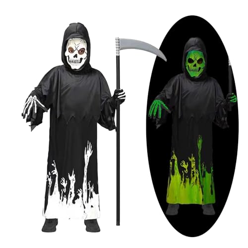 BOVOSHA Jungen Sensenmann Kostüm für Kinder Halloween Kostüm Mädchen leuchtende gruselige Cosplay Robe + Handschuhe + Sense Outfits (Black, 4-5T) von BOVOSHA