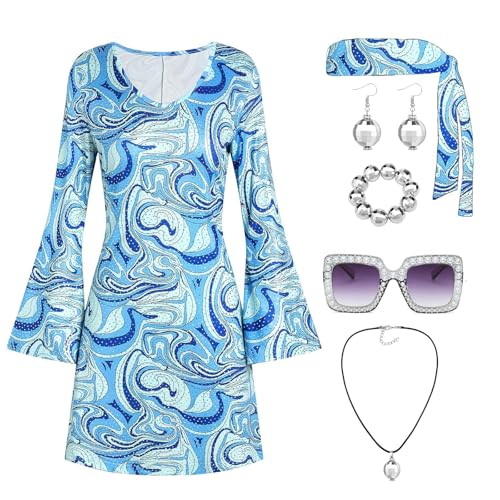 BOVOSHA Karneval Kostüm Damen 60er 70er Jahre Hippie Kleid + Stirnband + Accessories Outfit Faschingskostüme 6PC (Blau, M) von BOVOSHA