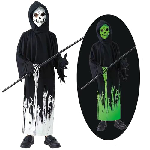 BOVOSHA Sensenmann Halloween Kostüm Kinder Jungen Glühen im Dunkeln Cosplay Mädchen Gruselige Halloween Kostüme Outfits Gewand + Kapuze + Handschuhe + Sense Set (Black, 6-7 Years) von BOVOSHA