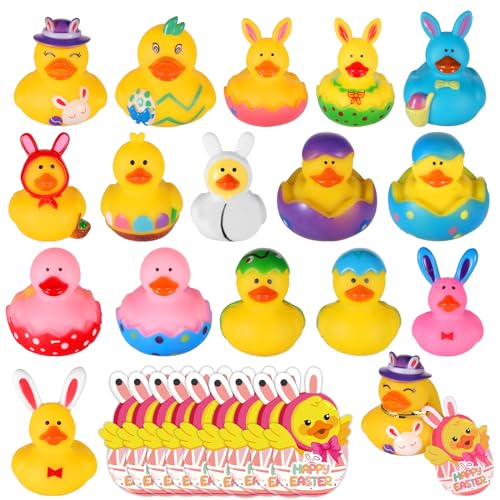 16 STK Oster Gummienten für Jeep-Enten mit 16 STK Entenkarten & Drehbändern, Osterkarten Gummi Enten Bunte Hasen Enten Gummi Bade Enten Spielzeug für Kinder Babyparty Partygeschenke von BOXOB