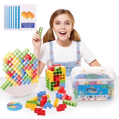 64-teiliges Turm Stapel Balance Spiel, Mehrfarbiges Balance Blöcke Stapelspiel Set Turm Brettspiele für Kinder, 2 Spieler, Heimspiele, Partys, Reisen, mit Aufbewahrungsbox von BOXOB