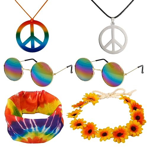 70er Jahre Hippie Kostümzubehör Set (6 Stück), Sonnenblumen- Stirnband Batik Hippie Sonnenbrille 2 Stück Peace Halskette Partyzubehör Hippie für Frauen und Mädchen von BOXOB