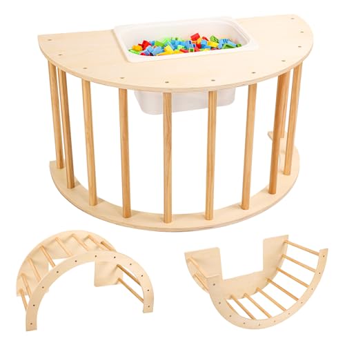 BOXOB 3-in-1 Kletterbogen Sensortisch für Kinder, Schaukelbogen Kinder, Wippbogen Montessori Kletterspielzeug aus Holz für Kinder mit Aufbewahrungsbehälter und Abdeckplatte (Holzfarbe) von BOXOB