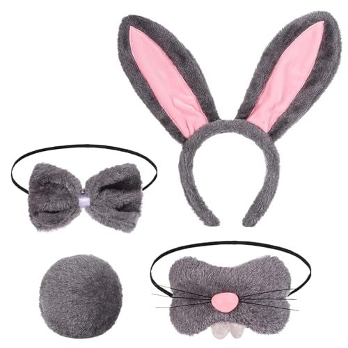 BOXOB 4 Teiliges Häschen Kostüm Set, Häschen Kostüm Zubehör mit Kaninchen Stirnband Nase Fliege Schwanz für Frauen Halloween Ostern Cosplay Kostümparty (Grau Rosa) von BOXOB