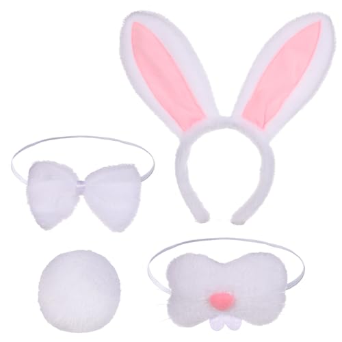 BOXOB 4 Teiliges Häschen Kostüm Set, Häschen Kostüm Zubehör mit Kaninchen Stirnband Nase Fliege Schwanz für Frauen Halloween Ostern Cosplay Kostümparty (Weiß Rosa) von BOXOB