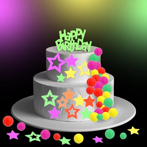 BOXOB 71stk Glow Cake Toppers, Neon-Stern Ball Happy Birthday Cupcake Toppers für Glow Neon Geburtstag Hochzeit Schwarzlicht-Reaktive Party Supplies BOXOB 71stk Glow Cake Toppers, Neon-Stern Ball Happy Birthday Cupcake Toppers für Glow Neon Geburtstag Hochzeit Schwarzlicht-Reaktive Party Supplies von BOXOB