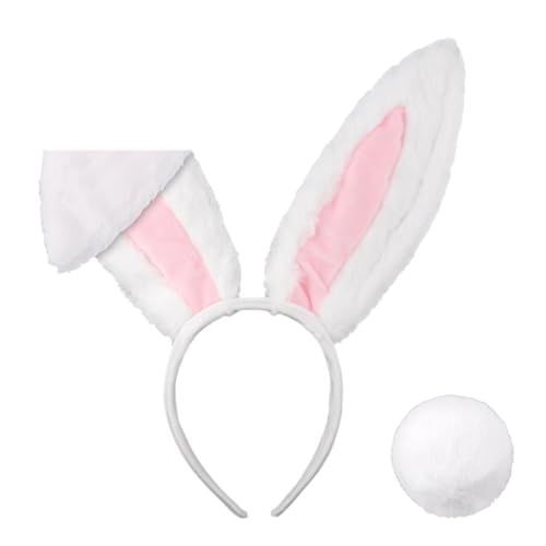 BOXOB Haarreif mit Hasenohren und Schwanz, Haarreif mit Hasenohren aus Plüsch mit Pelzigem Hasenschwanz Süßes Osterhasenkostüm für Kinder Erwachsene Halloween Cosplay (Weiß, Rosa) von BOXOB