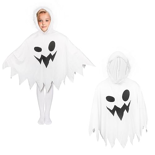 BOXOB Halloween Kostüme für Mädchen, Kleinkind Mädchen Geisterkleid Weiß Lächelnd Geister-Fanny-Kleid mit Kapuze Halloween-Umhang für Mädchen Geist Gruselig Cosplay Party Kostüme (S, 3-4 Jahre) von BOXOB