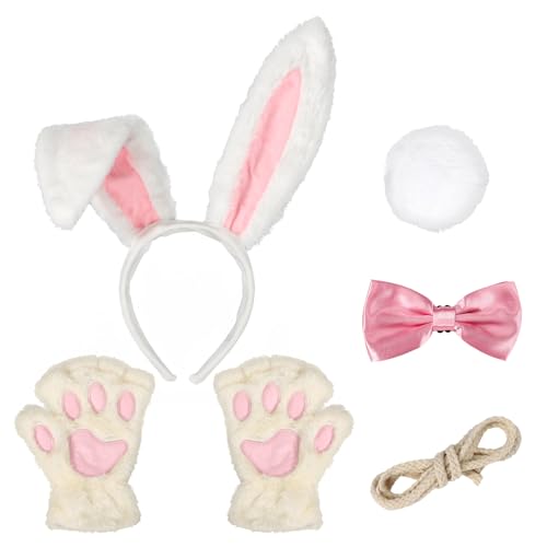 BOXOB Hasenkostüm Set, Weißes und Rosa Plüsch-Hasenohren-Stirnband Fliege Handschuhe Schwanz und Seil Süßes Hasen-Anziehzubehör für Frauen Halloween Ostern Cosplay Mottoparty BOXOB Hasenkostüm Set, Weißes und Rosa Plüsch-Hasenohren-Stirnband Fliege Handschuhe Schwanz und Seil Süßes Hasen-Anziehzubehör für Frauen Halloween Ostern Cosplay Mottoparty von BOXOB