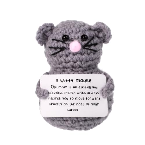 BOXOB Lustige Positive Maus, 8cm Kreative Süße Gestrickte Mauspuppe mit Inspirierender Karte Glücksgeschenk interessante Maus Gehäkelt für Plüsch Geburtstagsgeschenk Party-Dekoration Ermutigung von BOXOB