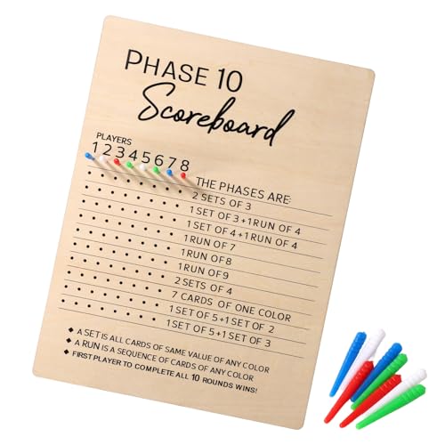 Phase 10 Anzeigetafel, 2025 Spaß aus Holz Phase 10 Punktetafel mit 8 Farbigen Stift Tischtafel Phase 10 Kartenspiel Zubehör Phase 10 Score Board für Party Familienspieleabende für Erwachsene von BOXOB