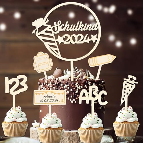 7 Stk Schulkind 2024 Tortendeko Einschulung Holz, Cake Topper Einschulung Kuchendeko Schulanfang, 123 ABC Kuchendeko Schuleinführung Party Deko Geschenke für Junge Mädchen von BOYATONG