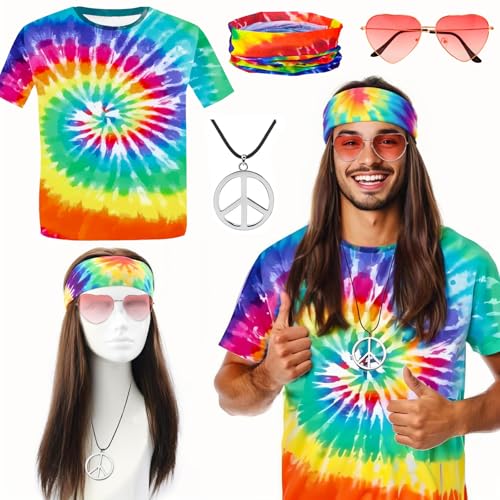 70er Hippie Kostüm Herren Set 5tgl, Hippie T-Shirt Perücke Sonnenbrille Peace Kette Stirnband Hippie Accessoires, Hippie Perücke Herren 70er Jahre Bekleidung Herren, 70er 80er Karneval Kostüm von BOYATONG