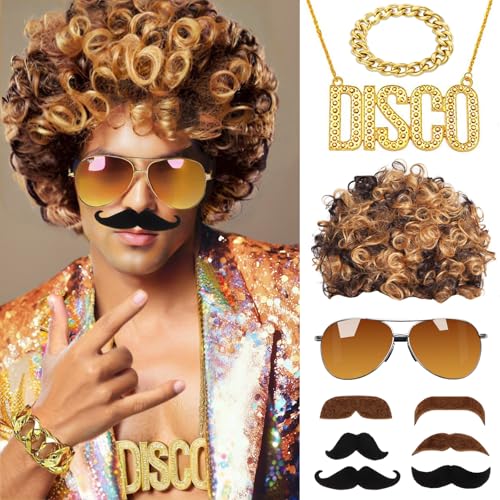 BOYATONG Herren Perücke, 10 Stück 70 Jahre Disco Dude Perücke Halskette Schnurrbart Brille Armband, Perücke Herren 80er Jahre Outfit für Männer Karneval Fasching Party von BOYATONG