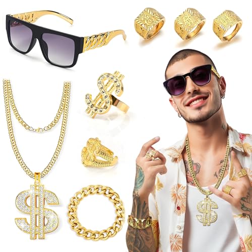 BOYATONG 8 Stück Zuhälter Kostüm, 80er 90er Hip Hop Kostüm Sonnenbrille Goldene Dollar Kette Ring Hanzi-Ringe, für 80er Jahre Outfit Herren Rapper Kostüm Karneval Party Accessoires von BOYATONG