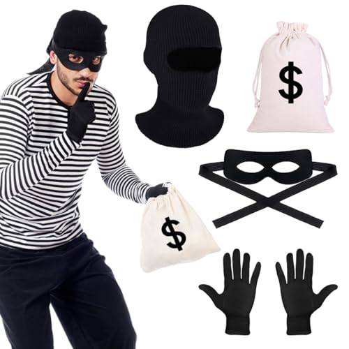 BOYATONG Bankräuber Kostüm, 4 Stück Dieb Kostüm, Panzerknacker Kostüm Accessoire, Bandit Kostüm mit Geldsack Augenmaske Schwarz Dieb Maske Handschuhe für Karneval Fasching Cosplay Gangster Mottoparty von BOYATONG