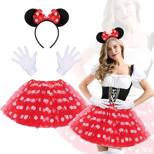 BOYATONG Damen Maus Mouse Kostüm Rot Tutu mit Weiß Gepunktet + Haarreifen mit Maus Ohren + Handschuhe, karneval kostüm accessoires für Fasching Karneval Motto Cosplay Party von BOYATONG