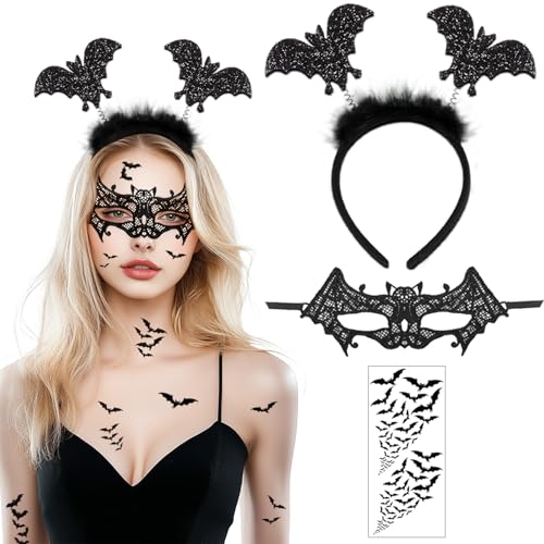 BOYATONG Fledermaus Kostüm Faschingskostüme Damen, Haarreif + Maske + Gesichtstattoo für Karneval, Kostüm Fledermaus Fasching Halloween Accessoires für Mottoparty Cosplay von BOYATONG