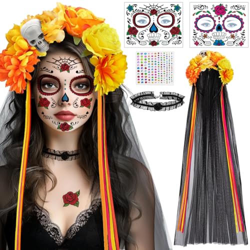 Haarreif Fasching Dia De Los Muertos Kostüm Damen, Totenkopf Blumenschleier, Gesichtstattoo Karneval,Kragen und Diamantaufkleber,Tag Der Toten Karneval Accessoires Halloween Kopfschmuck Haarband Rosen von BOYATONG