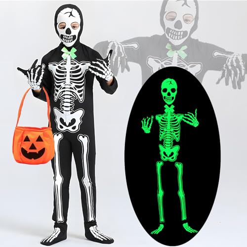 BOYATONG Skelett Kostüm Kinder Leuchtend, Halloween Kostüm Kinder Jungen mit Kürbis Tasche, Halloween Kinder Grusel Kostüm, Onesie Halloween Kostüm Skelett Kinder für Halloween Party Cosplay (125cm) von BOYATONG