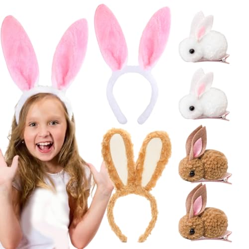 BOYATONG 2 Stück Hasenohren Haarreif + 4 Hasen Haarspangen, Osterhasenkostüme für Damen Erwachsene kinder, Hasenohren Kostüm, Hasenkostüm für Karneval Fasching Cosplay Party von BOYATONG