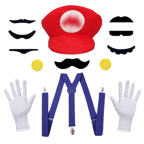 BOYATONG Mario Kostüm Accessories, Mütze Hut Handschuhe Bart Gelbe Knöpfe Y-Back Hosenträger Kostüm für Faschingskostüme Karneval Cosplay Mottoparty Kostüm für Erwachsene Kinder Damen Herren von BOYATONG